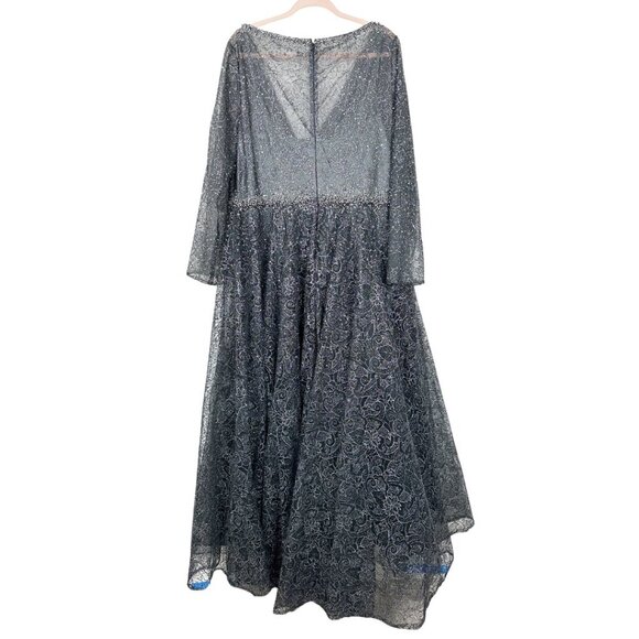 NWT Mac Duggal Gray Embellished Illusion Long Sleeve V Neck Gown Graphite #8594 - Picture 5 of 8